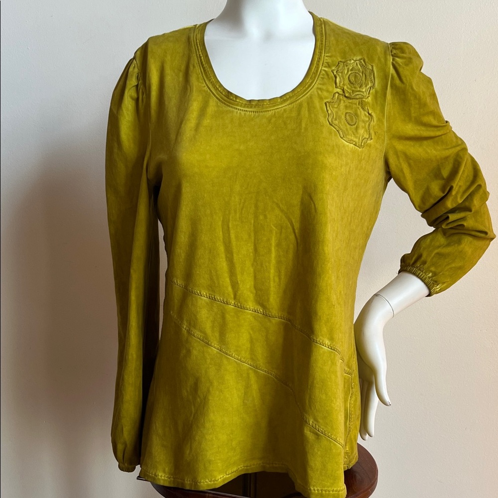 Yest Mustard Yellow Long Sleeve Women's Top with floral fabric flowers